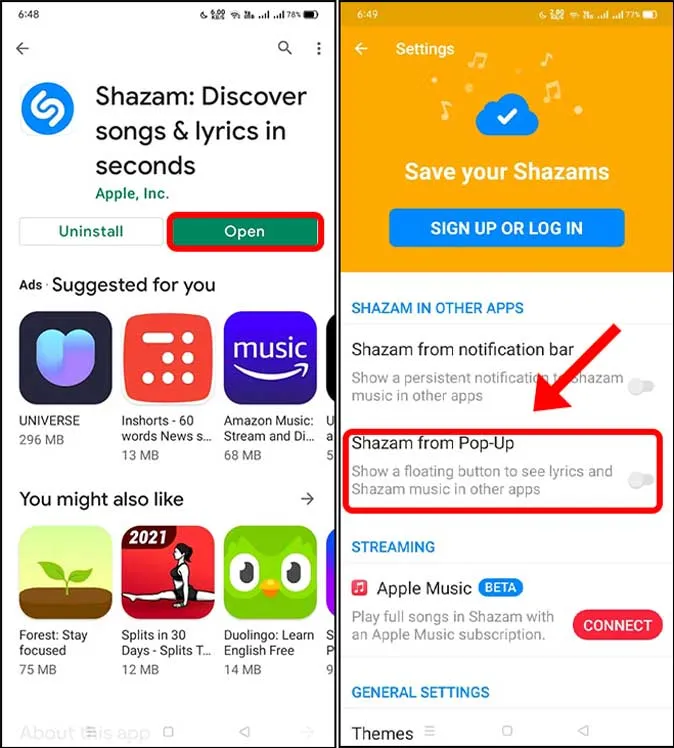 Shazam aus Popup-Fenstern auf dem Androiden