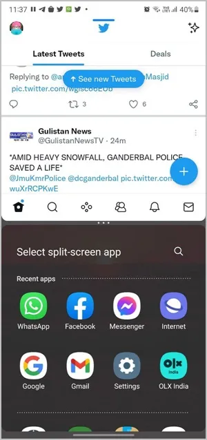 Отваряне на разделен екран Samsung Избор на второ приложение