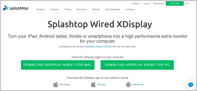 Webbplats för Spashtop Wired XDisplay