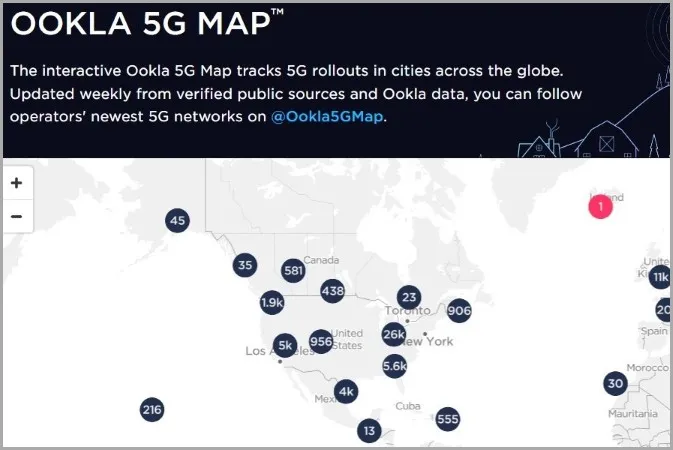 Mapa pokrytia 5G od spoločnosti Ookla