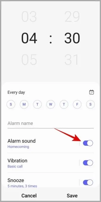 Включение звукового сигнала будильника на телефоне Samsung