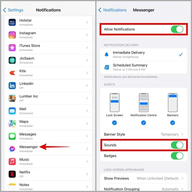 Włączanie powiadomień dla aplikacji Messenger na telefonie iPhone