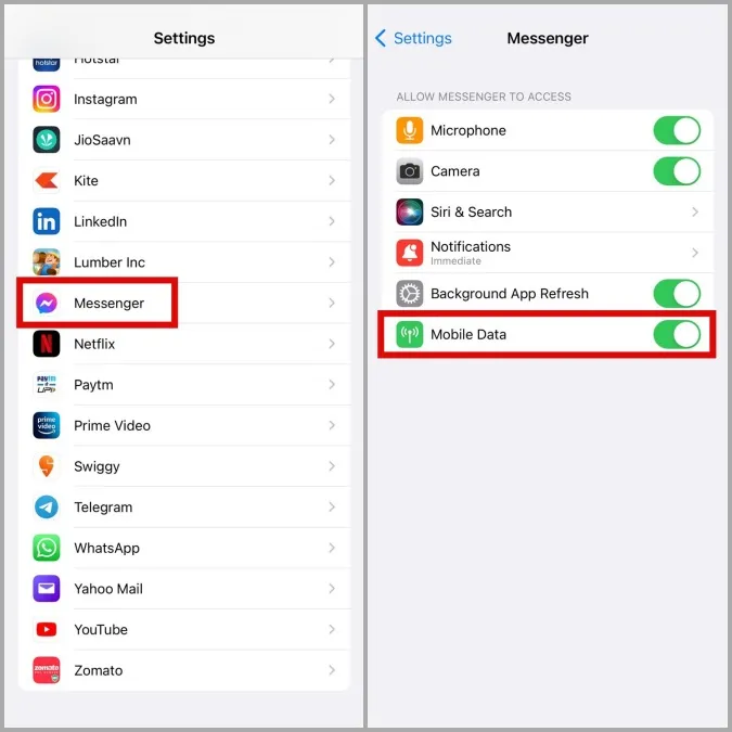 Povolenie mobilných dát pre Messenger na iPhone