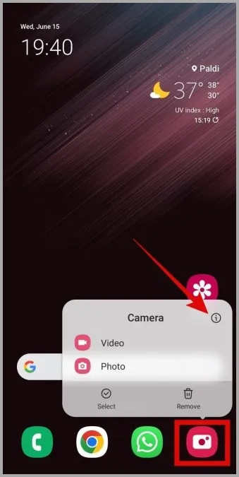 Otevření informací o aplikaci fotoaparátu v telefonu Samsung