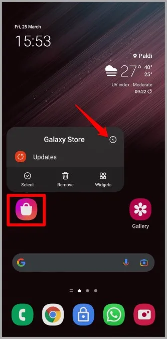 Åbn Galaxy Store-appinfo på Samsung-telefon