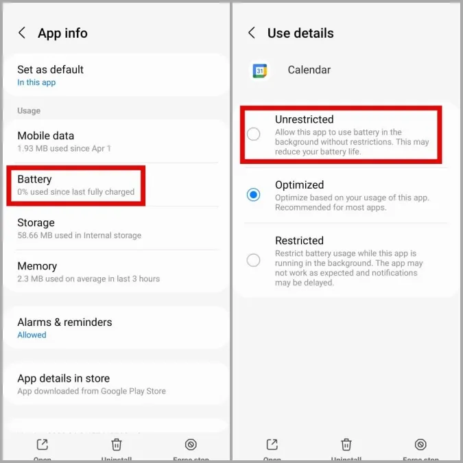 Autoriser l'utilisation illimitée de la batterie pour Google Agenda sur Android