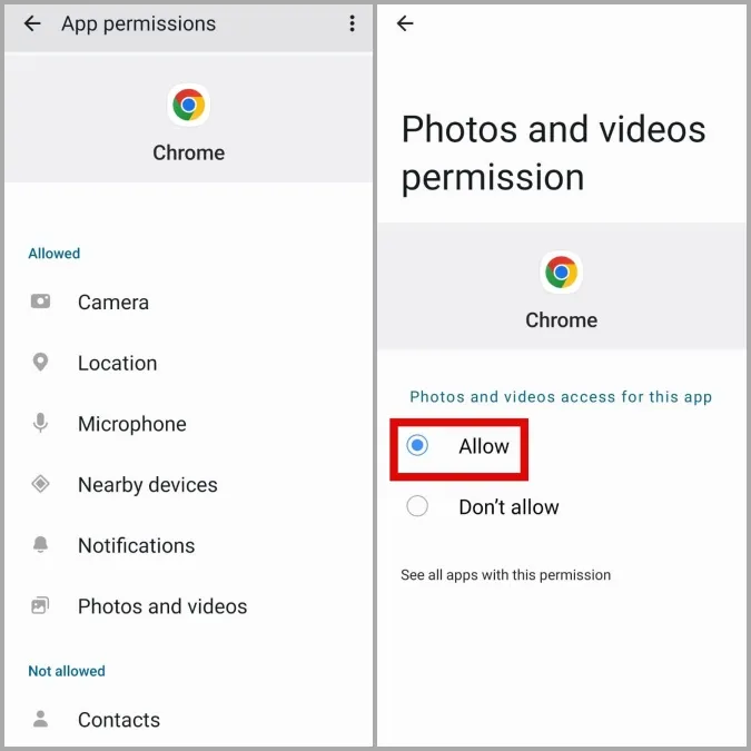 Tillåt behörigheter för Google Chrome på Android