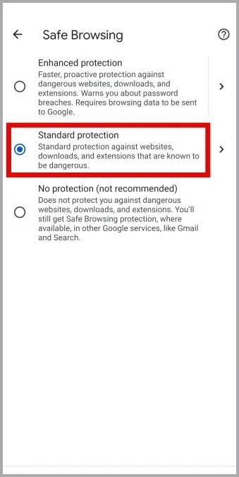 Protection standard dans Chrome pour Android