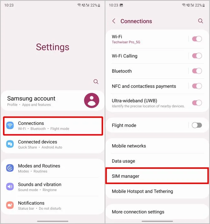 Aprire Sim Manager sull'app Impostazioni sui telefoni Samsung