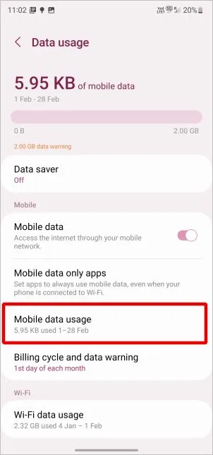 Mobile Datennutzung auf dem Samsung Galaxy Phone