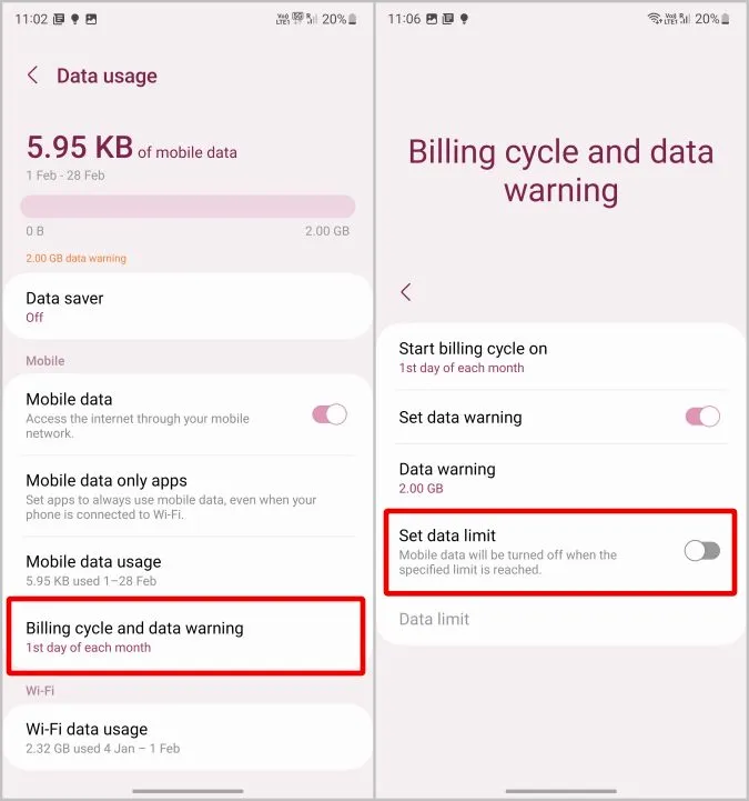 Slukning af datagrænse på Samsung Phone