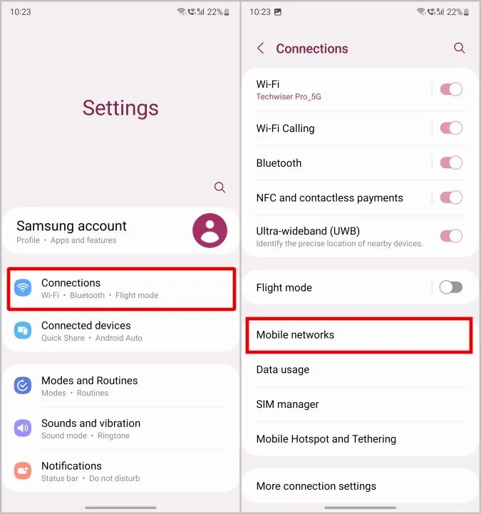 삼성 설정 앱의 모바일 네트워크 옵션