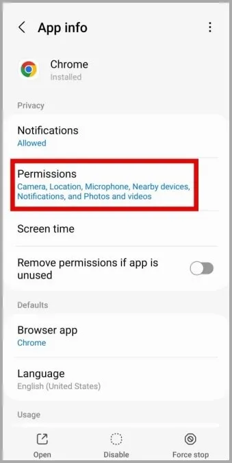 Appbehörigheter för Google Chrome på Android