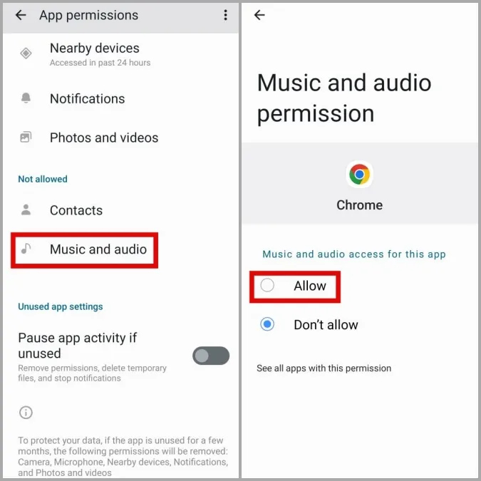 Aktivera ljudbehörighet för Chrome på Android