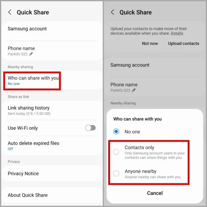 Paramètres de visibilité de Quick Share sur Samsung Phone
