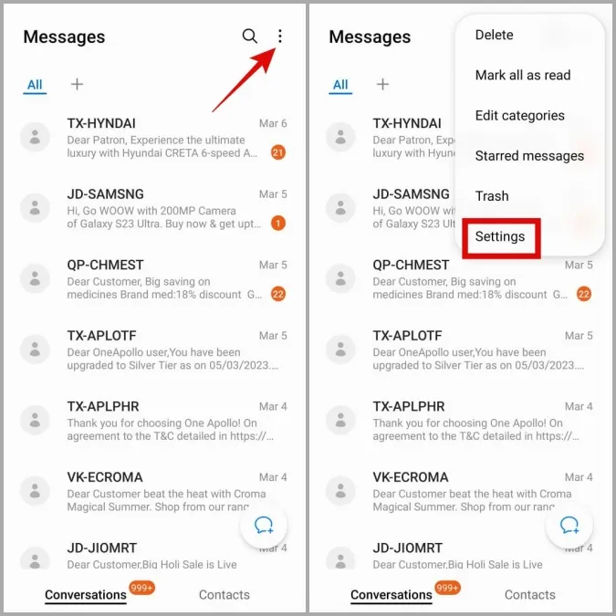 Aprire le impostazioni nell'app Messaggi per il telefono Samsung