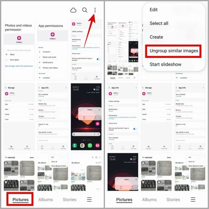 Fjern gruppering av bilder i Galleri-appen på Samsung Phone