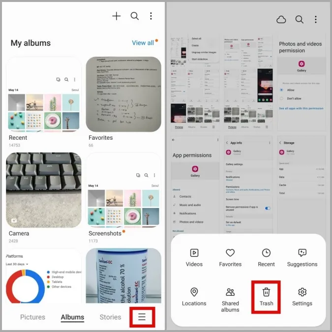 Åpne papirkurven i Samsung Galleri-appen