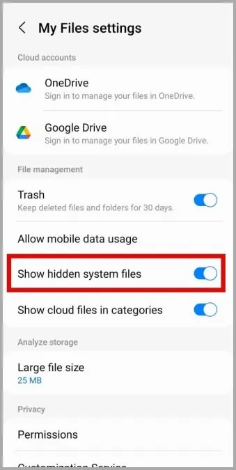 Mostrar elementos ocultos en la aplicación Mis Archivos en el teléfono Samsung