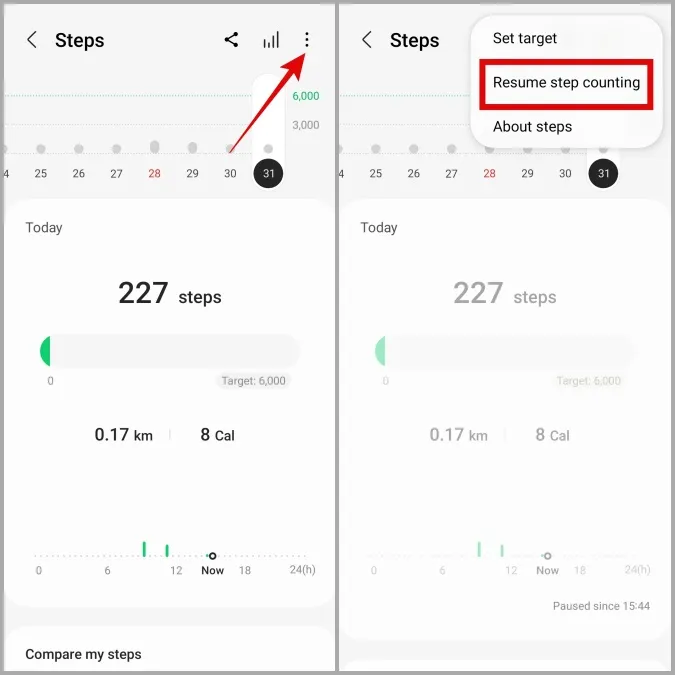 갤럭시 폰의 삼성 건강 앱에서 걸음 수 계산 활성화
