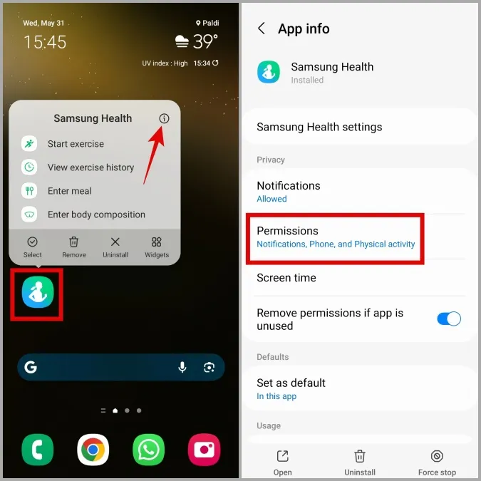 Oprávnění aplikace Samsung Health v telefonu Galaxy Phone