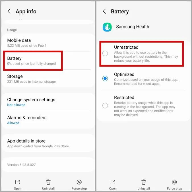 Разрешаване на неограничено използване на батерията за приложението Samsung Health на Galaxy Phone