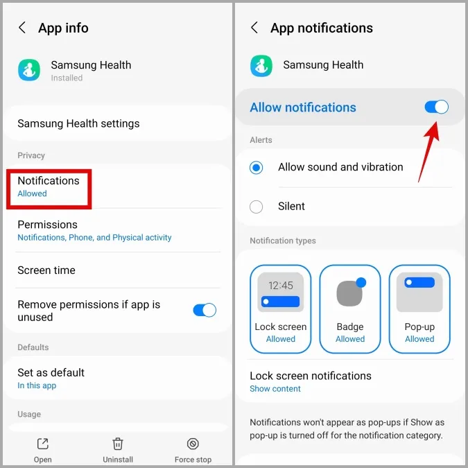 Permitir permisos de notificación de la aplicación Samsung Health en el teléfono Galaxy