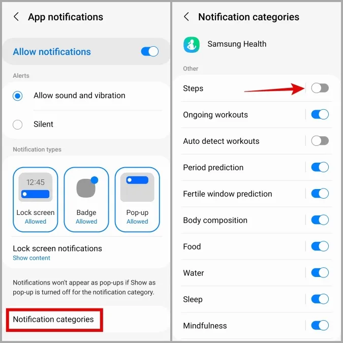 Abilitare le notifiche di passo per l'App Samsung Health sul telefono Galaxy