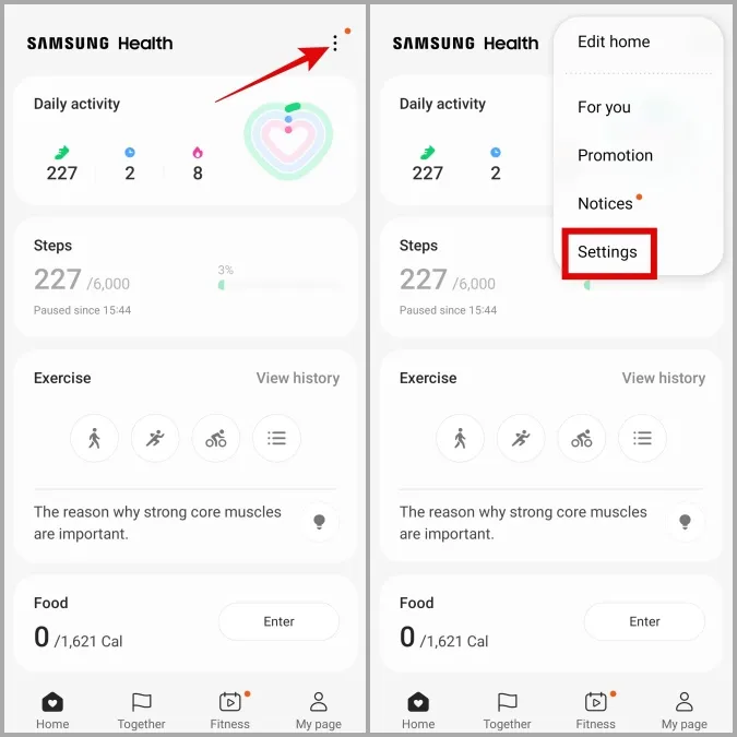 Setări ale aplicației Samsung Health App pe telefonul Galaxy