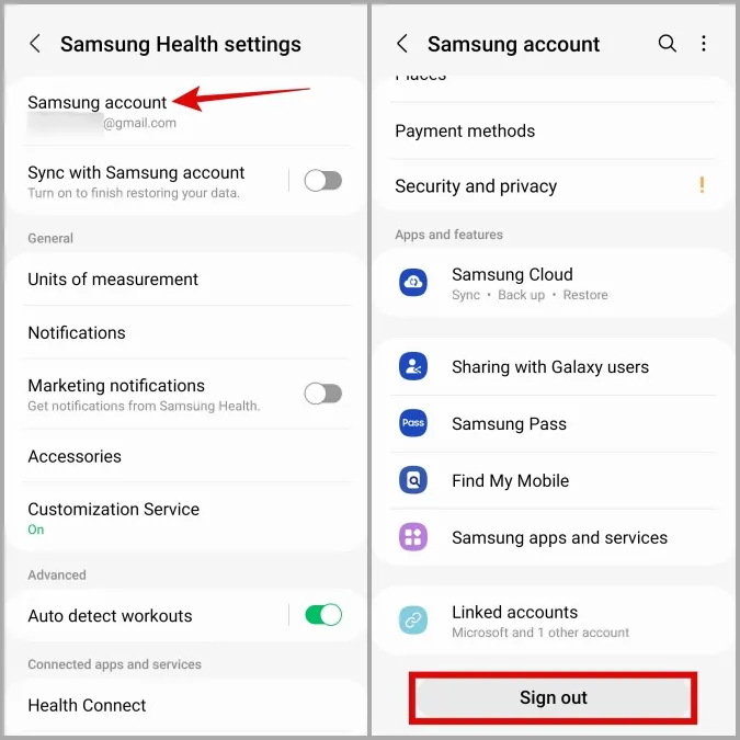 Galaxy Phoneの健康アプリからSamsungアカウントを削除します