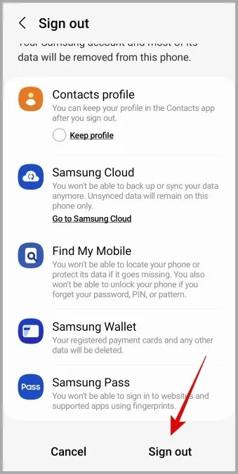 Потвърждаване на премахването на акаунта на Samsung от приложението Health на Galaxy Phone