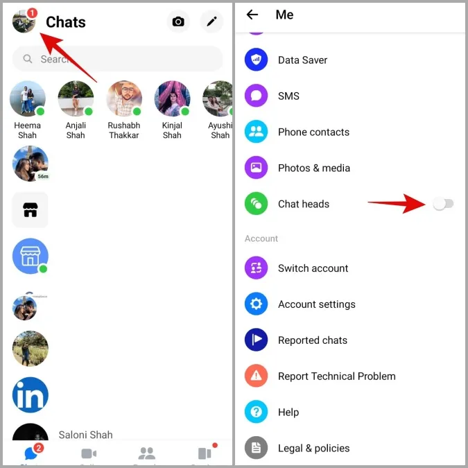 Desactivar los encabezados de chat de Messenger en Android