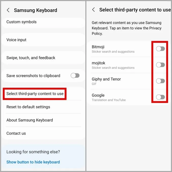 Inaktivera innehåll från tredje part i Samsung Keyboard