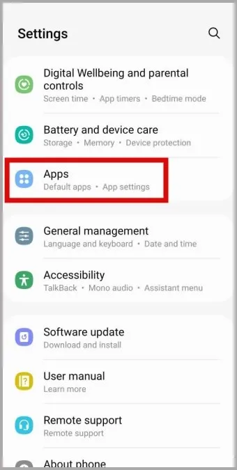 Menú Apps en el teléfono Samsung