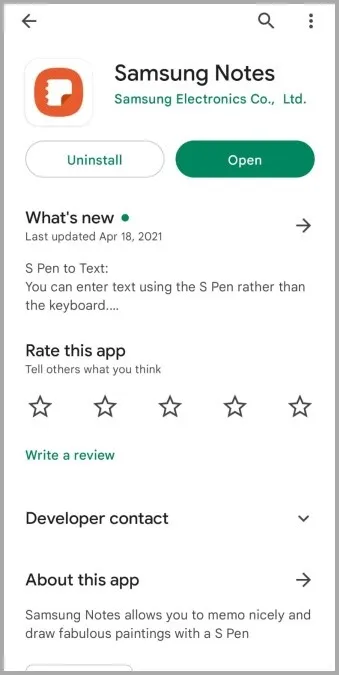 Aplicación Samsung Notes en Play Store