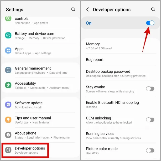 Desactivar las opciones de desarrollador en el teléfono Samsung Galaxy