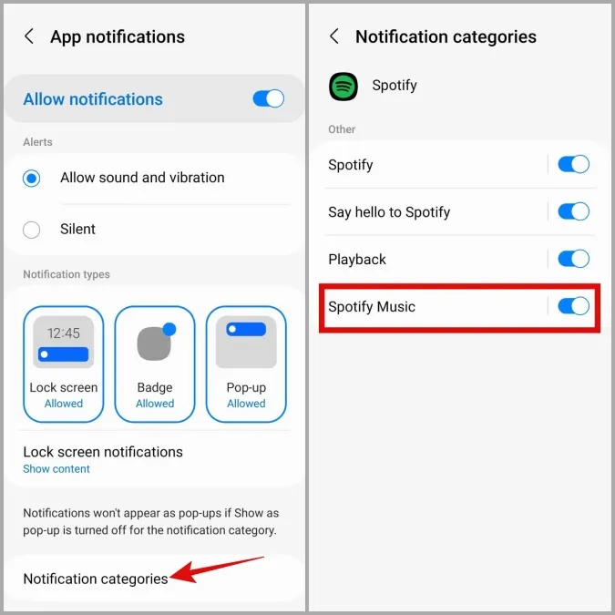 Paramètres de notification pour Spotify sur Android