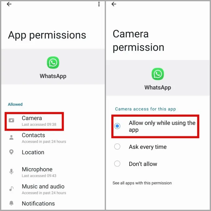 WhatsApp이 Android 휴대폰에서 카메라 사용 허용