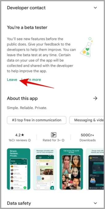 Jätä WhatsApp Beta Androidissa