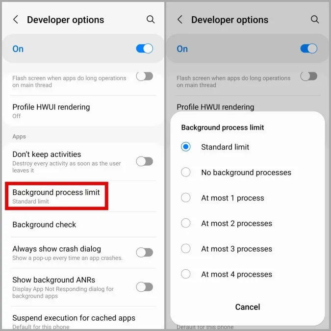 Установите лимит фоновых процессов на Android Phone