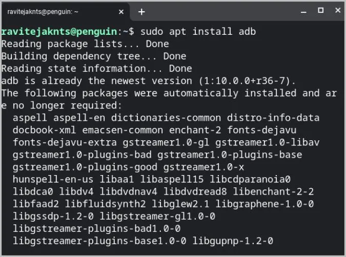 Instalace ADB v systému Chrome OS Linux