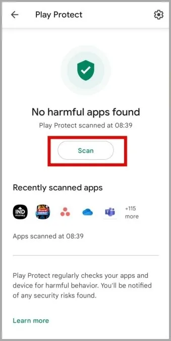 Сканирование телефона Samsung с помощью Google Play Protect