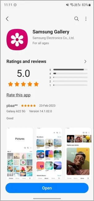 актуализиране на приложението галерия на Samsung в Galaxy Store