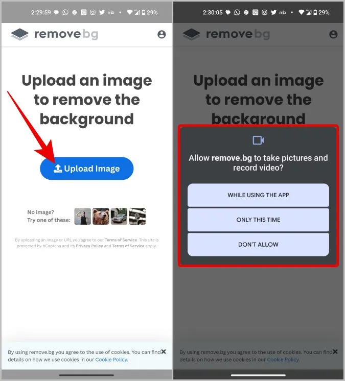Upload billede til remove bg app