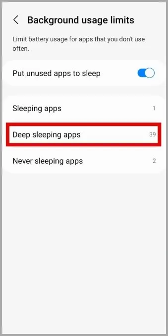 Перевод приложений в режим глубокого сна на телефоне Samsung