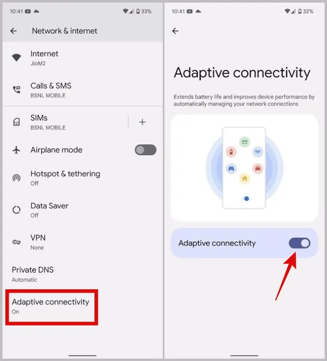 Disattivare la connettività adattiva sui telefoni Pixel