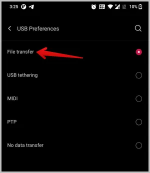 Использование опции File Transfer для USB Preference на Android