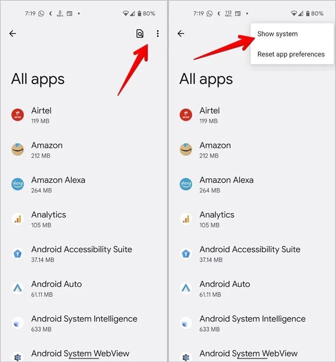 Ustawienia Androida pokazują aplikacje systemowe