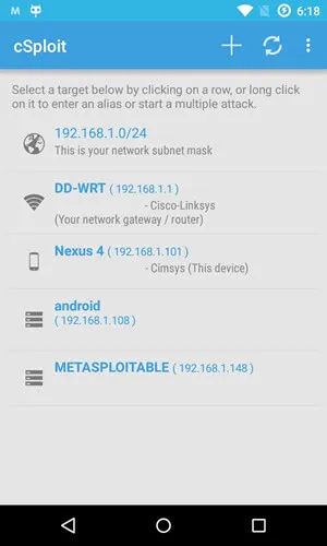 Снимок экрана приложения cSploit для Android