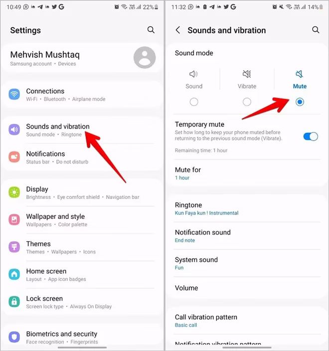 Samsung Innstillinger for demping